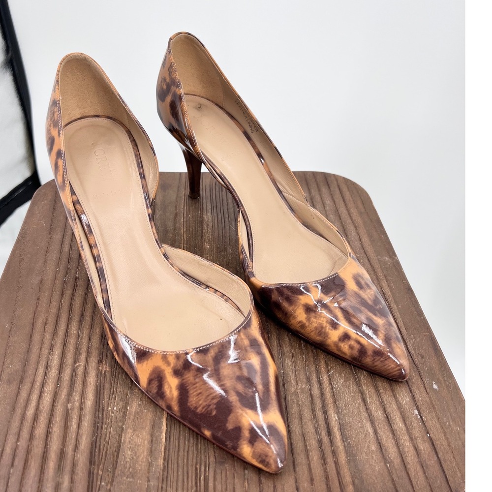 J.Crew Leopard Print Patent Leather d'Orsay Pumps Pointed Toe Heels Brown 11